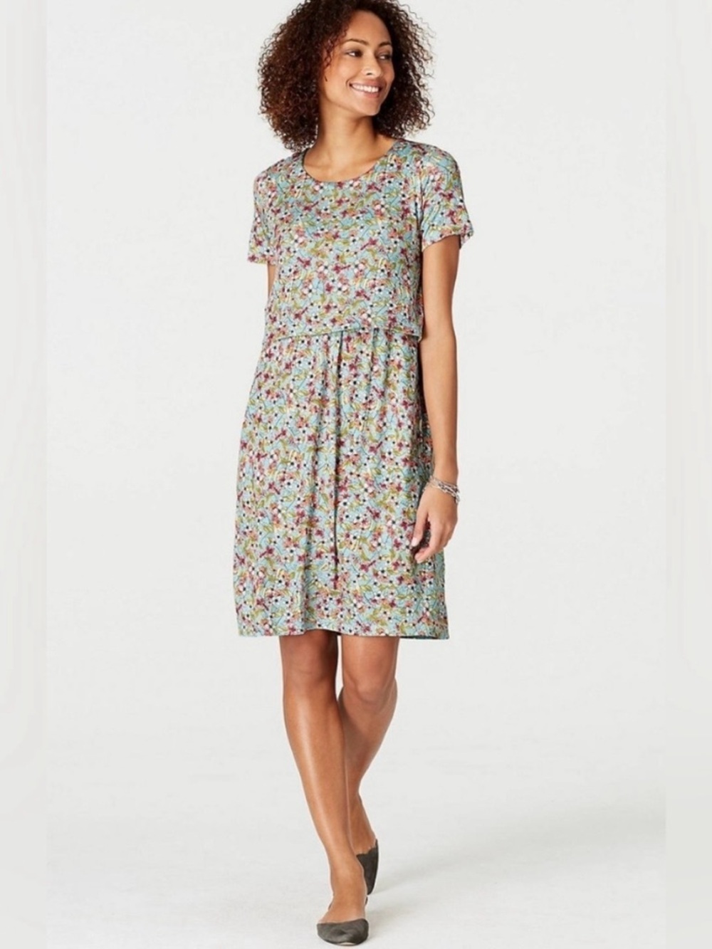 J. Jill Floral Layered Knit Dress Button Back Blue‎ Rayon Boho Cottagecore M